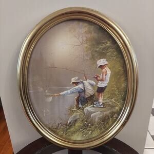 Homco Syroco Gold Oval Framed Print 2 Boys Fishing 1985 22”x 18”